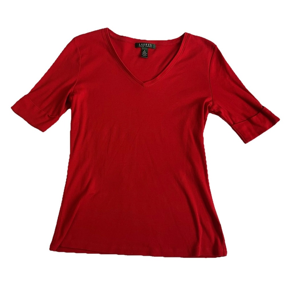 Lauren Ralph Lauren Solid Red V-Neck Cuffed Sleeve Cotton Knit Tee Women's S